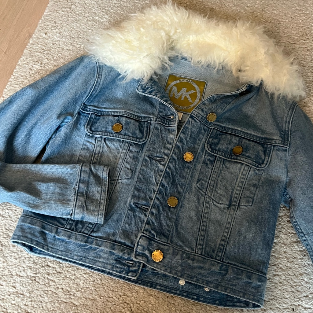 Michael Kors Blue Denim Jacket With White Faux Fur